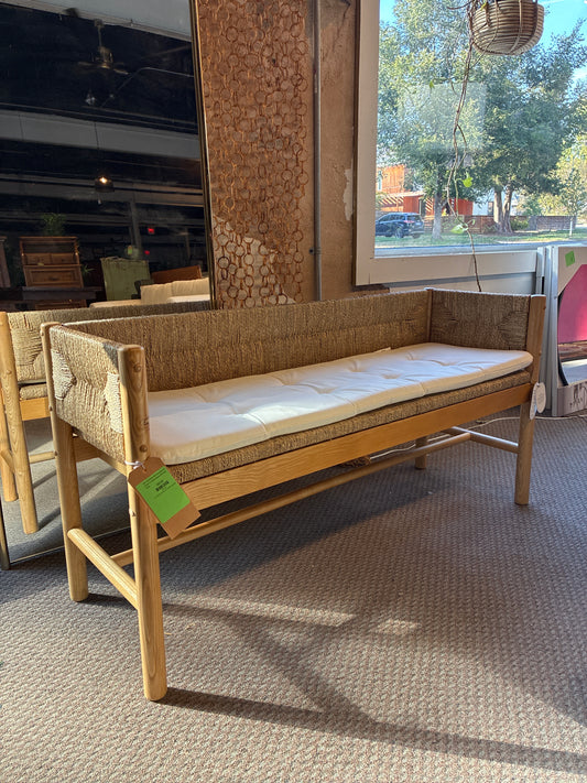 Elden Wood Bench with Woven Back and Cushion Threshold designed with Studio McGee