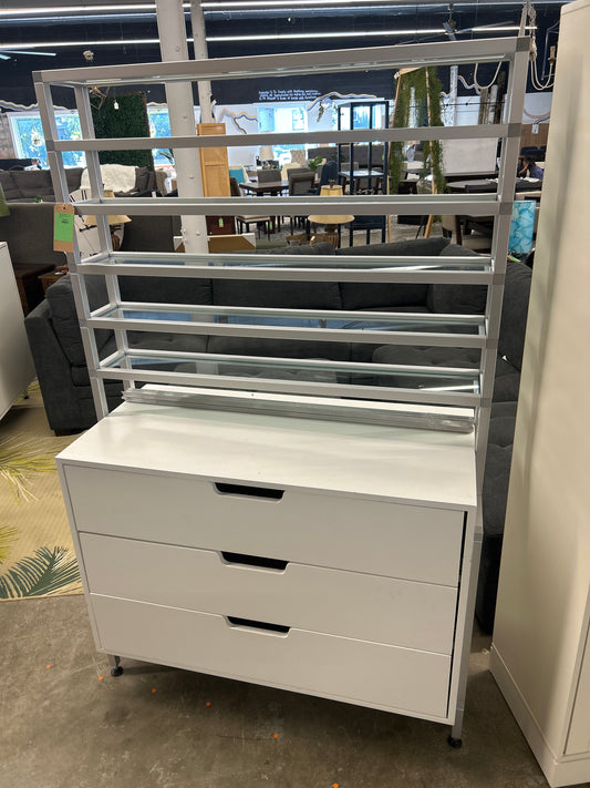 White dresser with glass shelves *donated by Wink Eyewear - 42" W x 6' H