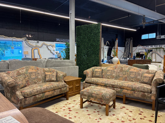 Charming Vintage Village Scene Tapestry Upholstered Set | Sofa Loveseat and Ottoman *donated