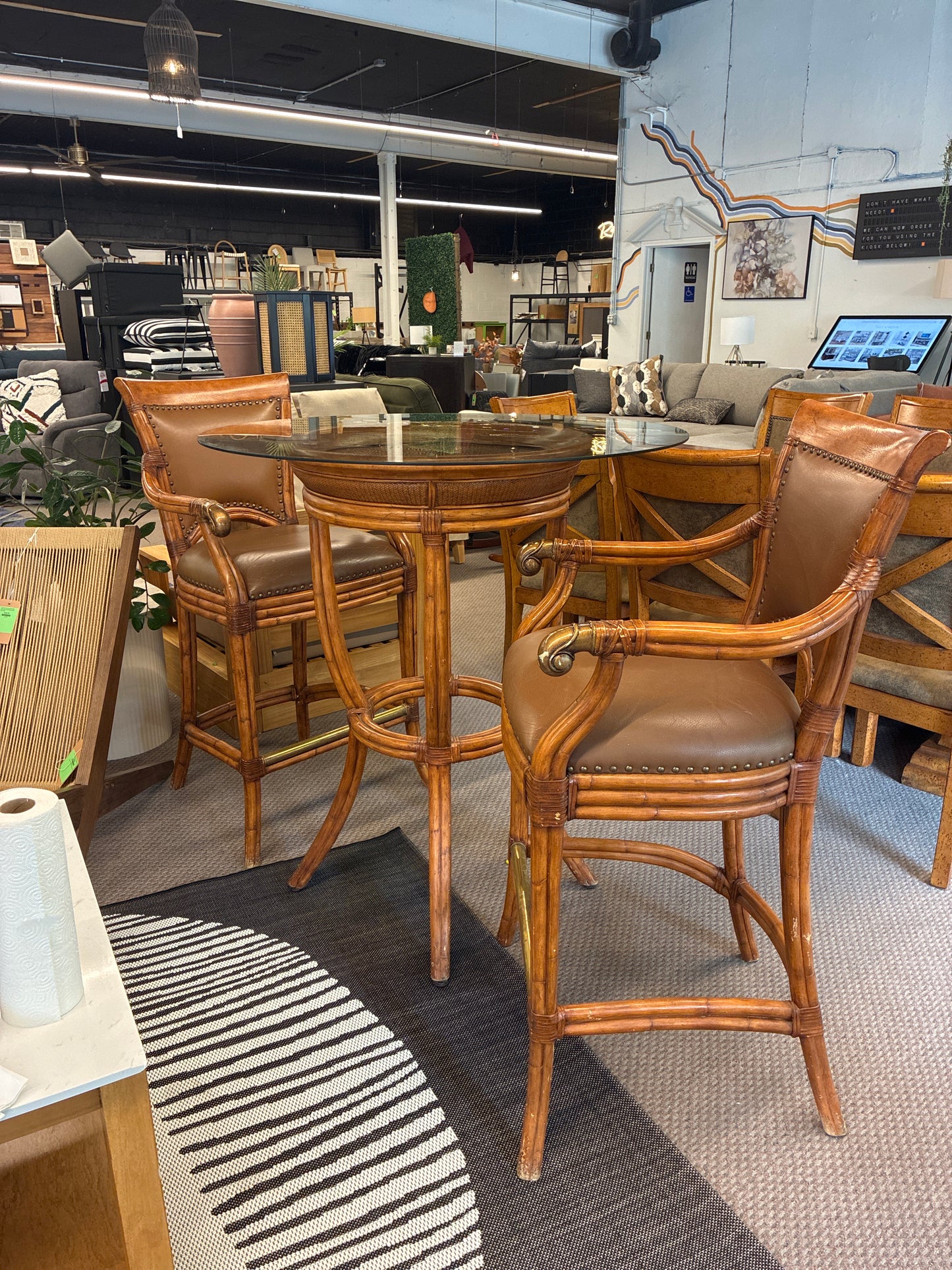Vintage Bar Height Dining Set with Round High Top Glass Table and Chairs *donated