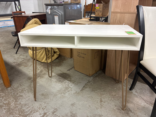 Hairpin Writing Desk with Storage White - Threshold: Brass Legs, Laminated Surface, Open Shelf | Retail Price: $90
