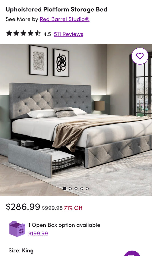 Upholstered King-sized Storage Bed - Light Gray- Retails $286.99