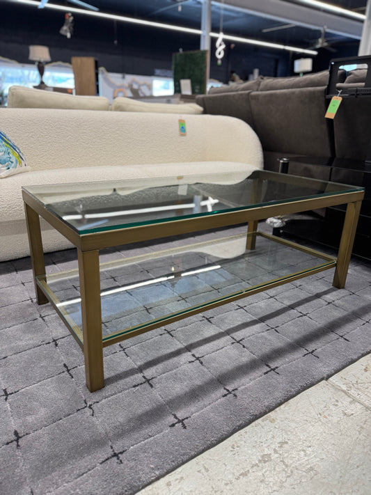Manhattan Coffee Table Gold - Buylateral: Rectangular 2-Tier Metal & Glass, Fixed Shelf, 18.5in Height - Retail Price: $196