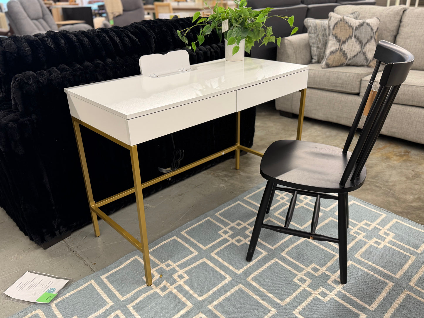 Loring Wood Writing Desk with Drawers and Charging Station White/Gold — Already assembled – no box, no hassle Retail: $130