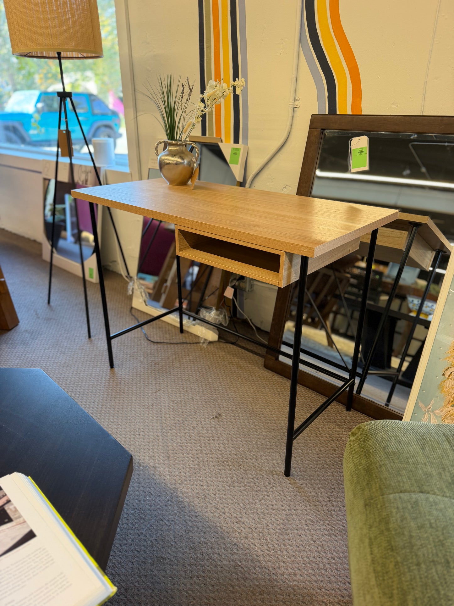 Wood and Metal Writing Desk with Storage Retail: $70 AS IS Minor damage