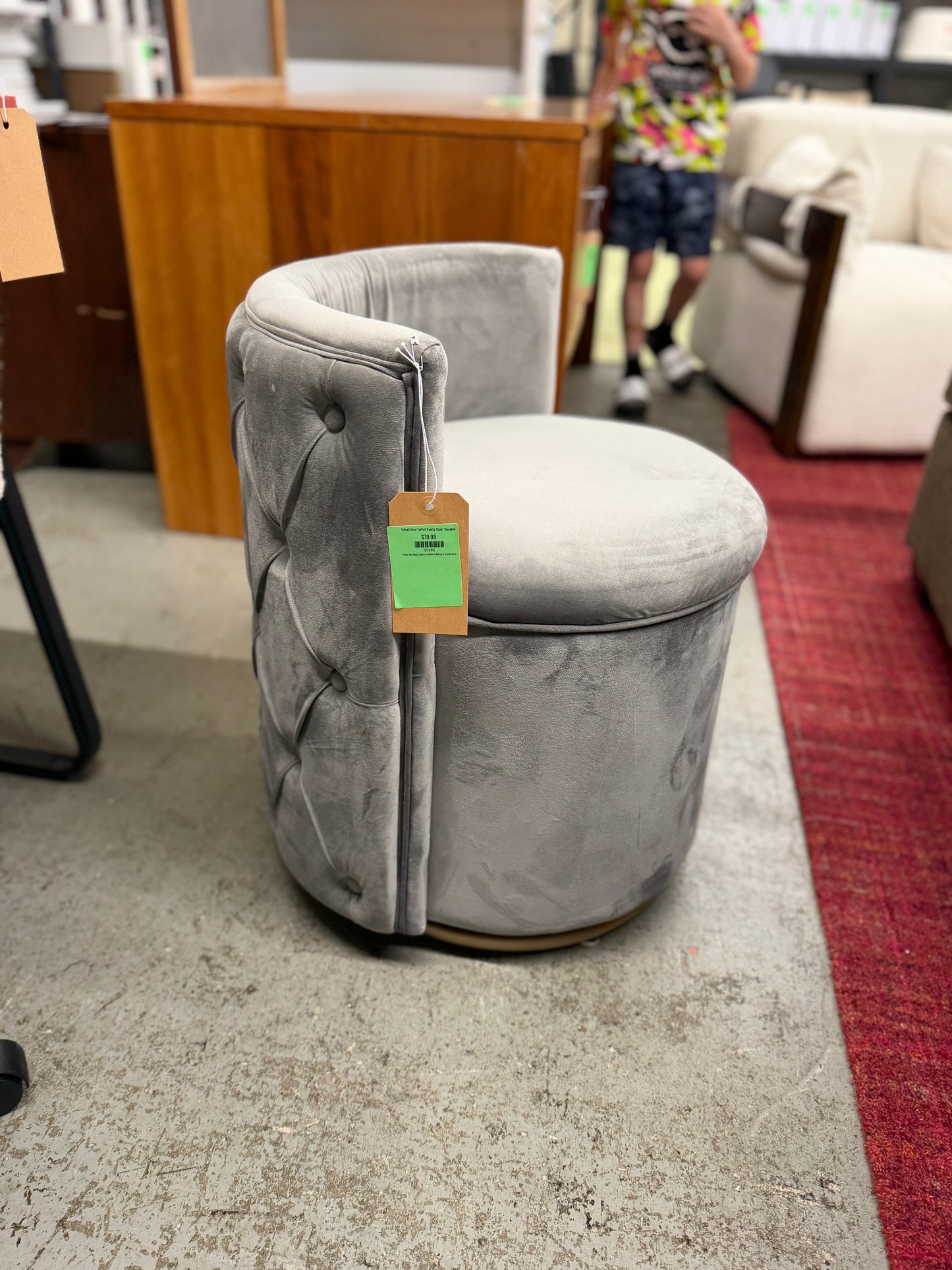 Velvet Grey Tufted Vanity Stool *donated