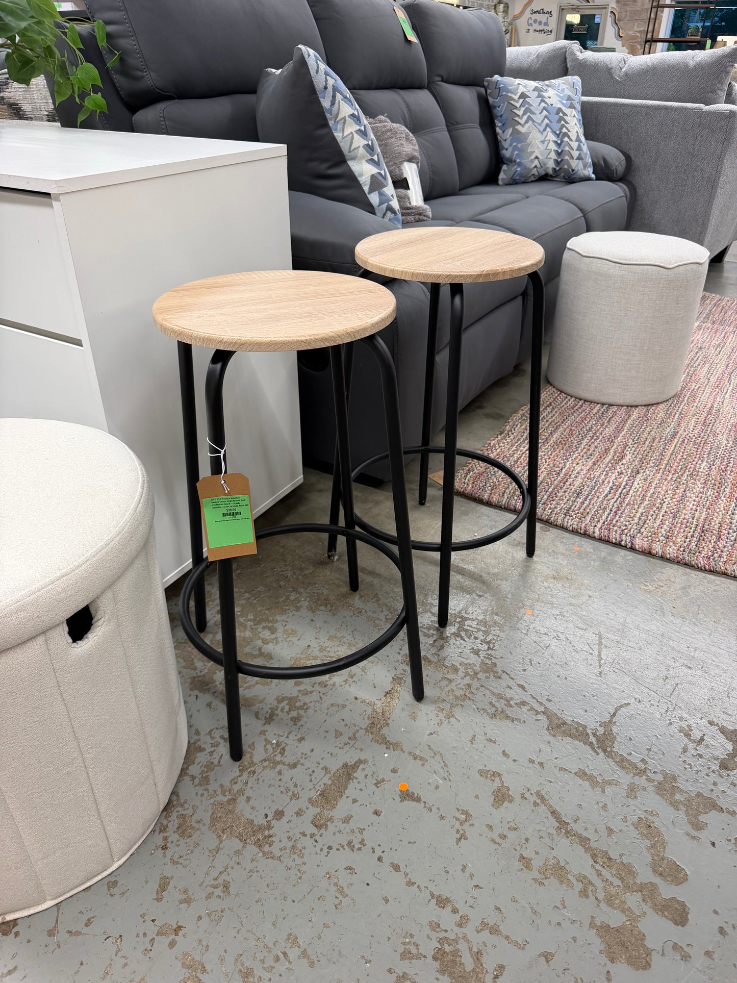 Set of 2 24" Wood and Metal Base Backless Counter Height Barstool Stool with Footrest Natural — Already assembled – no box, no hassle. Retail: $60