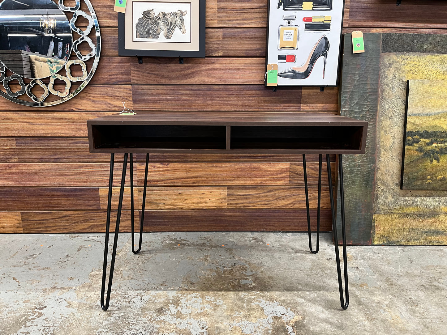 Hairpin Writing Desk with Storage Brown - Threshold: Walnut Finish, Metal Legs, Open Compartments | Retail Price: $90