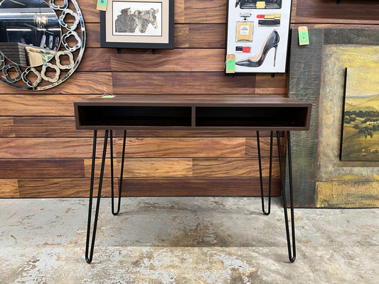 Hairpin Writing Desk with Storage Brown - Threshold: Walnut Finish, Metal Legs, Open Compartments | Retail Price: $90