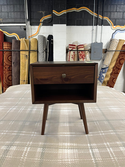 Mid Century 1 Drawer Solid Wood Nightstand - Walnut | Dimensions: 24in H x 20in L x 14in W | Weight: 19 LBS | Retail Price: $128