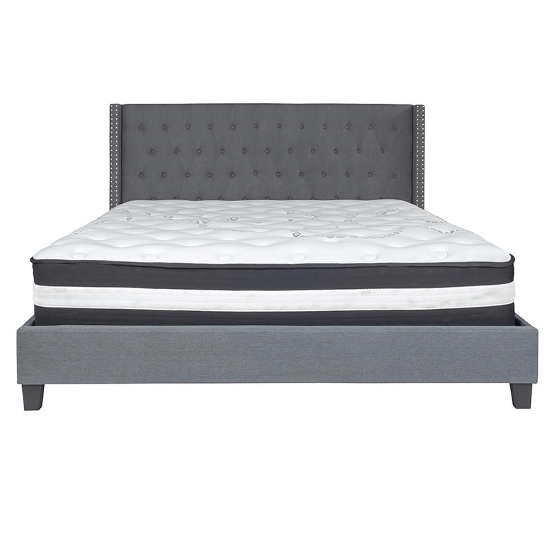 King Size Platform Bed in Dark Gray Fabric with Pocket Spring Mattress