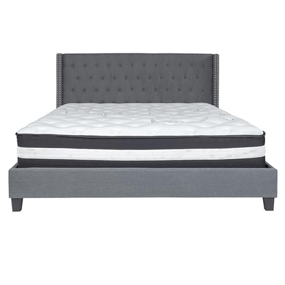 King Size Platform Bed in Dark Gray Fabric with Pocket Spring Mattress