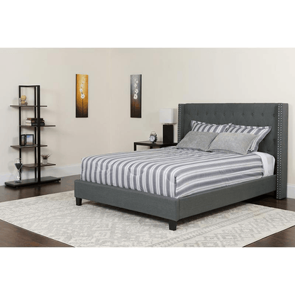 King Size Platform Bed in Dark Gray Fabric with Pocket Spring Mattress