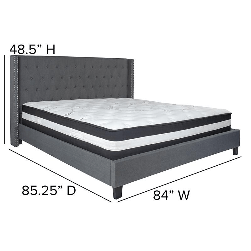 King Size Platform Bed in Dark Gray Fabric with Pocket Spring Mattress