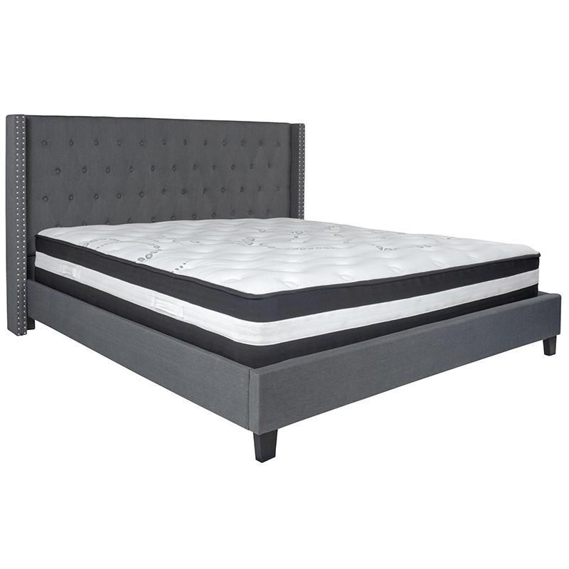 King Size Platform Bed in Dark Gray Fabric with Pocket Spring Mattress