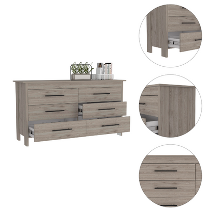 6 Drawer Double Dresser Wezz, Four Legs, Superior Top, Light Gray