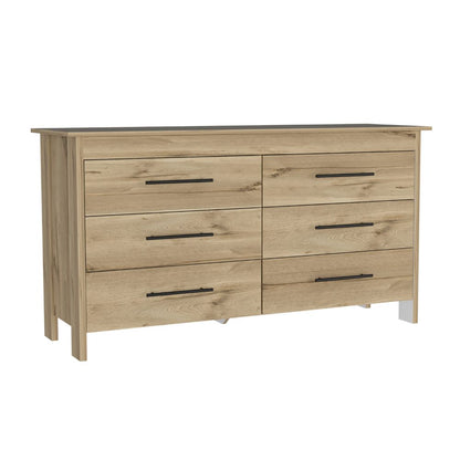 6 Drawer Double Dresser Wezz, Four Legs, Superior Top, Light Oak /