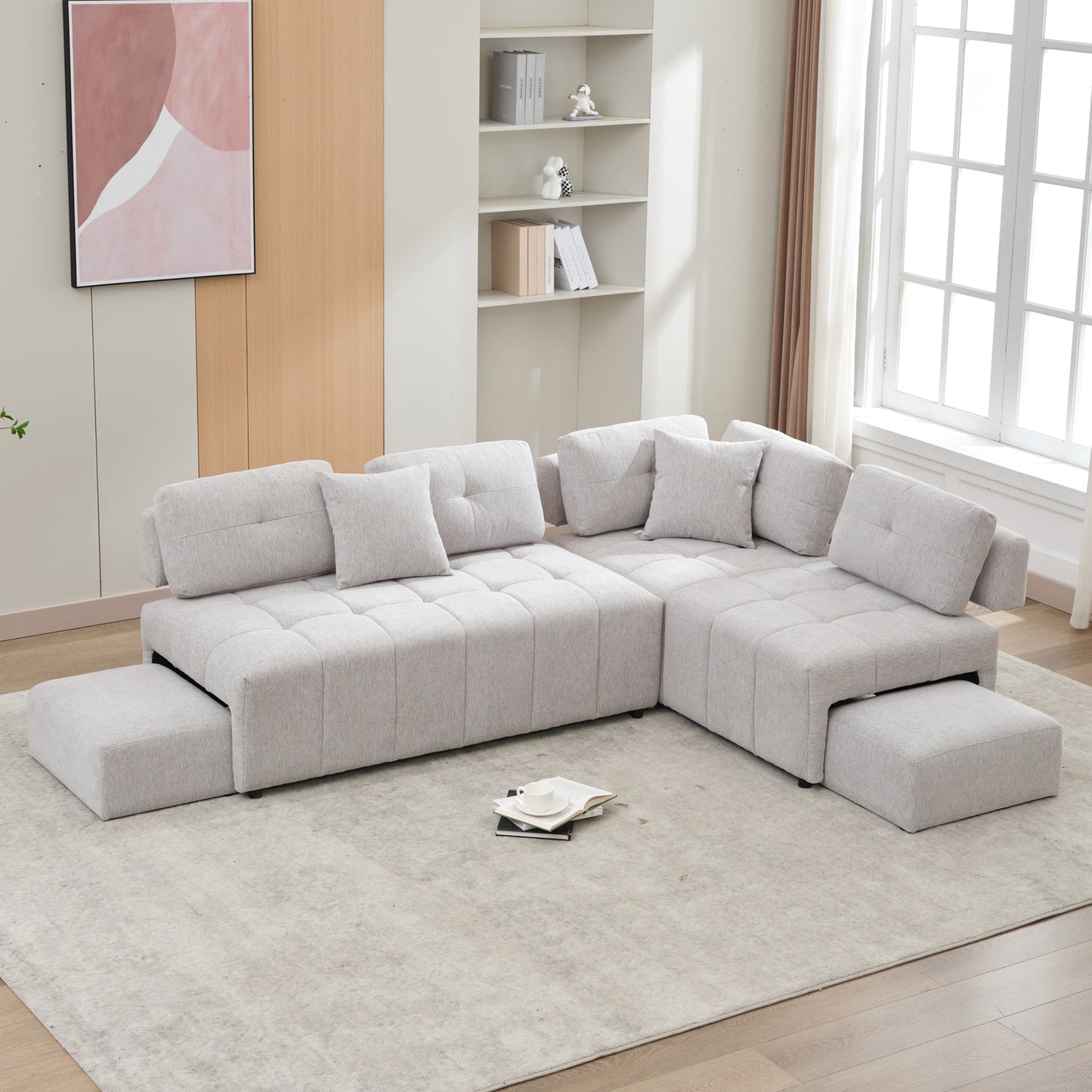 91.73" L-shaped Sofa Sectional Sofa Couch with 2 Stools and 2 Lumbar